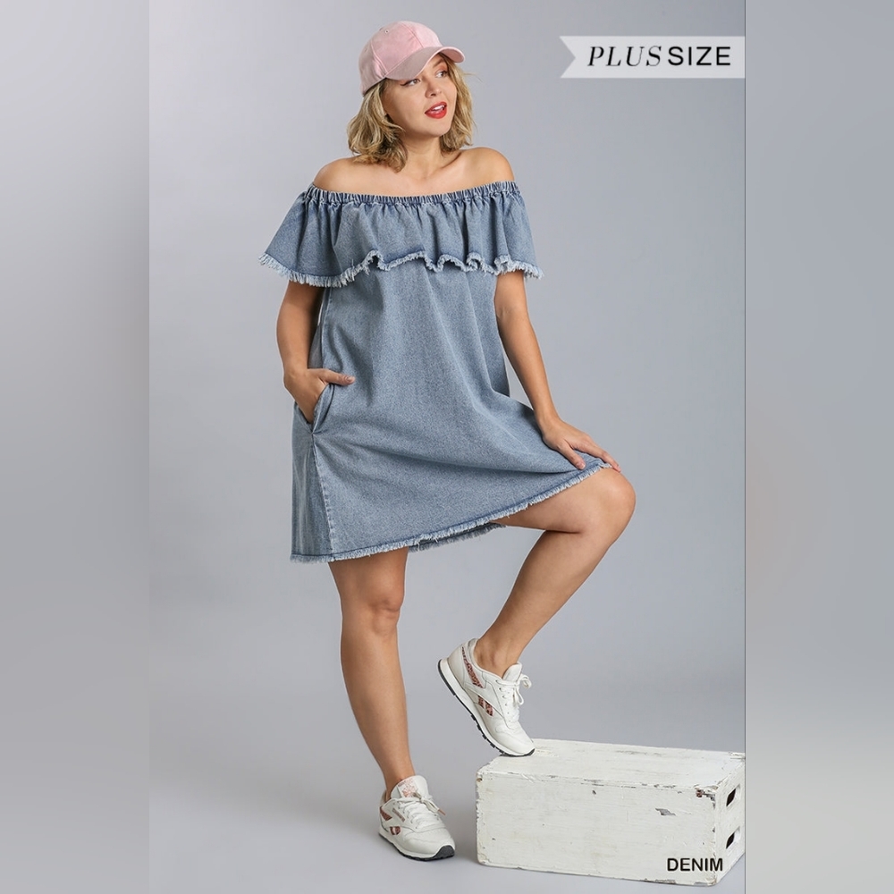 Off Shoulder Ruffled Denim Dress - Picture 7 of 10